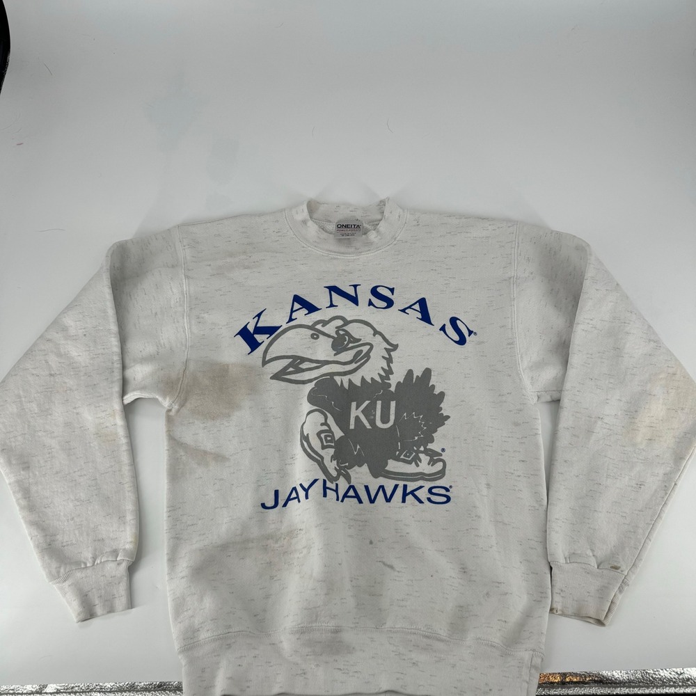 Oneita Power-Sweats Kansas‎ Jayhawks Crewneck Sweatshirt Men's Medium VTG Stain